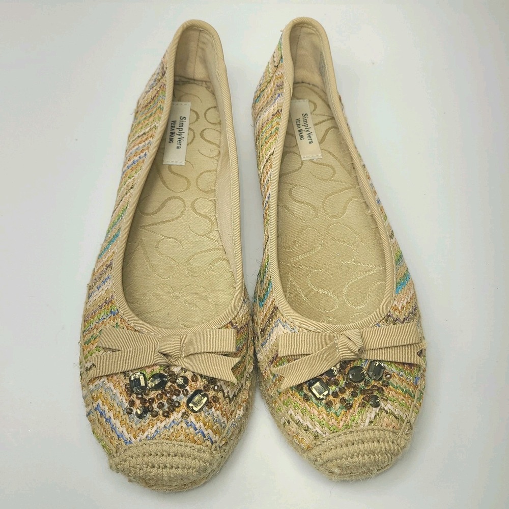 Simply Vera Vera Wang 8.5 Woven Espadrille Flats Beaded Toe Bow Slip-On EUC
